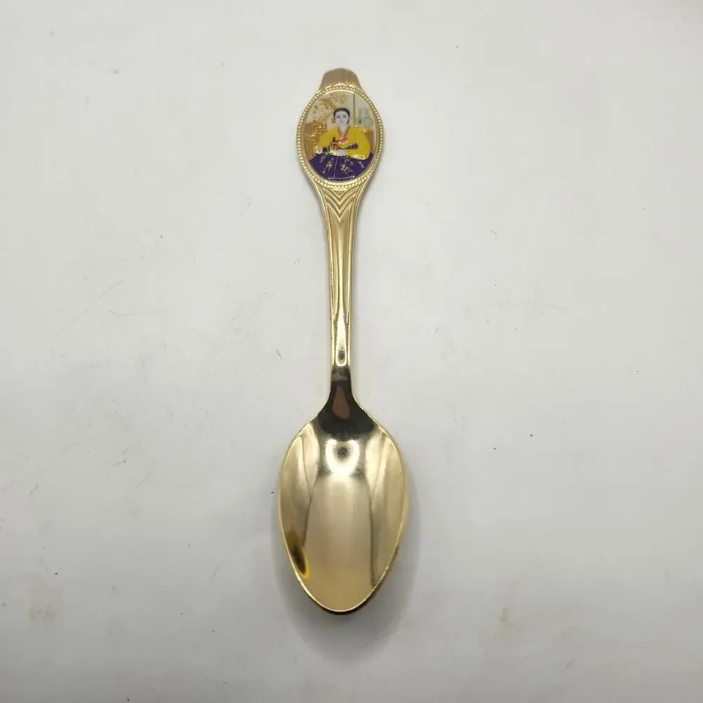 Asian Souvenir Spoon Gold Tone Enamel Traditional Woman 18/10 Stainless 6 Inch